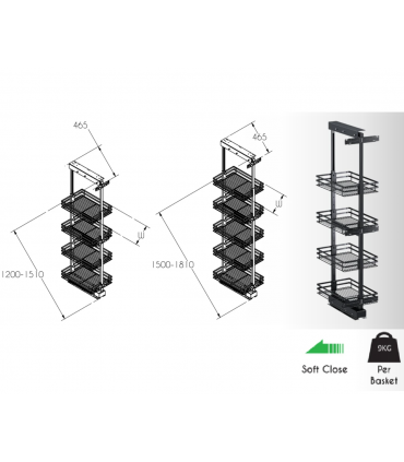 ecoWare T-Line Tall Unit Pull Out Basket with Soft Closing Slide  - Dark Grey
