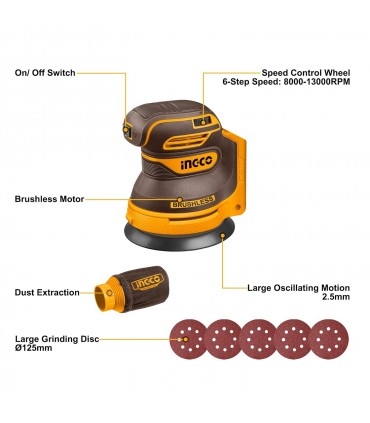 Ingco CROSLI2002 20V Brushless Cordless Random Orbit Sander - Bare Unit