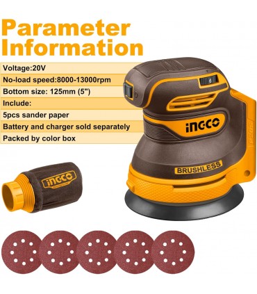 Ingco CROSLI2002 20V Brushless Cordless Random Orbit Sander - Bare Unit