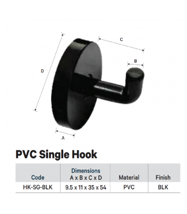 Hardware Specialist HK-SG-BLK PVC Single Hook - Black