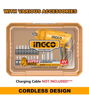 Ingco CSDLI04425 4V Lithium-Ion Fast Charging 4Nm Cordless Screwdriver Set - 19 Bits
