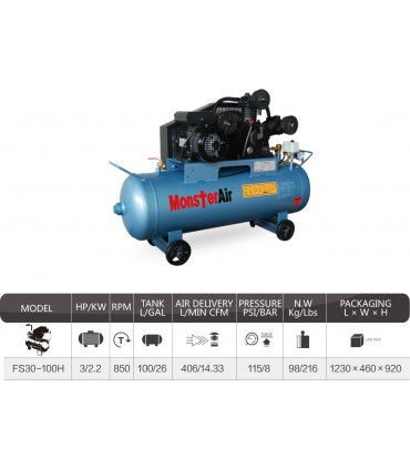 MonsterAir FS30-100H 3HP Single Phase or 3 Phase 100L Air Compressor - MOM Certificate