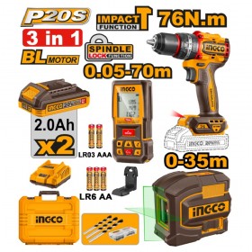 Ingco COSLI250511 P20S 20V 3 in 1 Combo Kit - 76nm Impact Drill + Laser Level + 70m Distance Meter