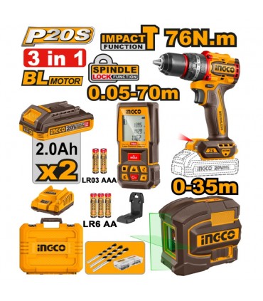 Ingco COSLI250511 P20S 20V 3 in 1 Combo Kit - 76nm Impact Drill + Laser Level + 70m Distance Meter