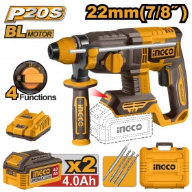Ingco CRHLI212282 2 x 20V Lithium-Ion 4.0 Ah Brushless 4 Mode Rotary Hammer Drill Set