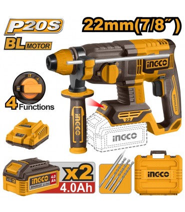 Ingco CRHLI212282 2 x 20V Lithium-Ion 4.0 Ah Brushless 4 Mode Rotary Hammer Drill Set