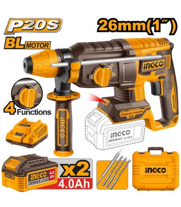 Ingco CRHLI202682 2 x 20V Lithium-Ion Rotary Hammer Drill Kit