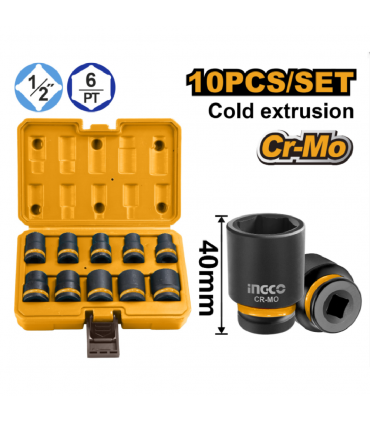 Ingco HKISSD12101 1/2 inch Drive Cr-Mo Impact Socket Set - 10 Pieces
