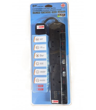 DT England 3M Cable Extension Fire Retardant Safety Extension Socket - Black