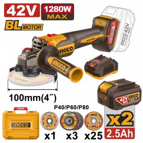 Ingco CAGLI4128102 42V Max Lithium-ion 4-Inch Cordless Angle Grinder Set