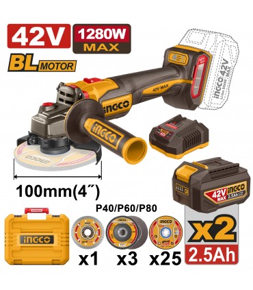 Ingco CAGLI4128102 42V Max Lithium-ion 4-Inch Cordless Angle Grinder Set