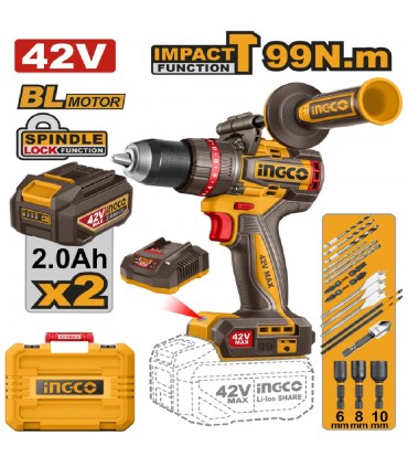 Ingco CIDLI429982 42V Lithium-ion Brushless 99Nm Cordless Impact Drill Kit