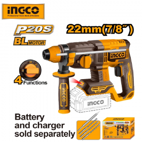 Ingco CRHLI21228 20V SDS Plus Brushless Cordless Rotary Hammer with 3 Pcs Drill Bits - Bare Unit