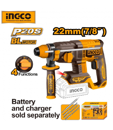 Ingco CRHLI21228 20V SDS Plus Brushless Cordless Rotary Hammer with 3 Pcs Drill Bits - Bare Unit
