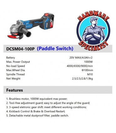 Dong Cheng DCSM04-100P 20V Brushless 4" Cordless Paddle Switch Angle Grinder
