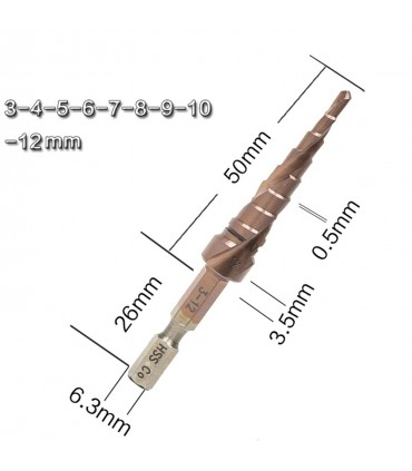 HSS M35 Cobalt Hex-Shank 3-12 mm Spiral Step Drill Bit
