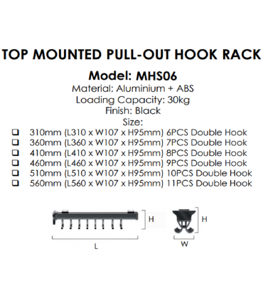 Moco MHS06 Adjustable Top Mounted Pull-Out Hook Rack - Black