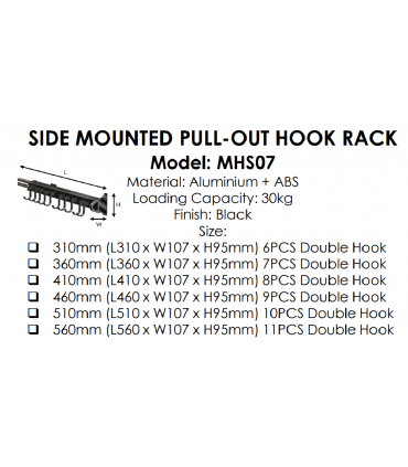 Moco MHS07 Soft Close Adjustable Side Mounted Pull-Out Hook Rack