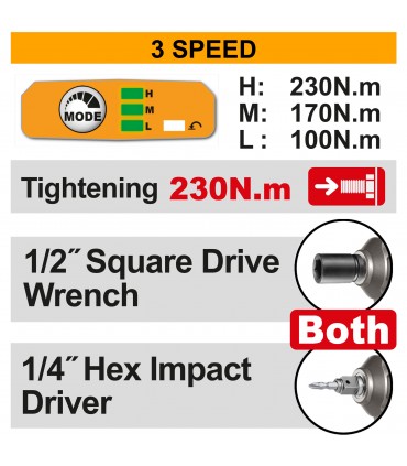 Ingco CIWLI20236 20V 230Nm 2 IN 1 Cordless Impact Driver & Impact Wrench