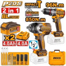 Ingco COSLI250586 2 x 20V 850Nm Impact Wrench + 96 Nm Impact Drill Set Set