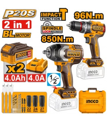 Ingco COSLI250586 2 x 20V 850Nm Impact Wrench + 96 Nm Impact Drill Set Set