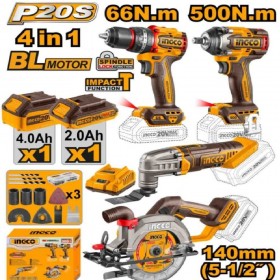 Ingco COSLI241169 20V Cordless 4 Pieces Combo Set - Impact Drill + Impact Wrench + Multi-Tool + Circular Saw