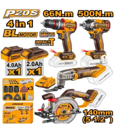 Ingco COSLI241169 20V Cordless 4 Pieces Combo Set - Impact Drill + Impact Wrench + Multi-Tool + Circular Saw