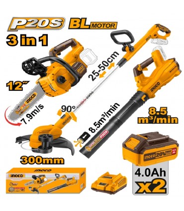 Ingco COSLI241189 20V 3 Pieces Chain Saw Trimmer Blower Combo Set
