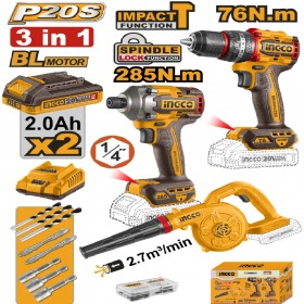 Ingco COSLI250182 2 x 20V Lithium-ion 2.0 Ah 3 Pieces Combo Set - Impact Drill + Impact Driver + Blower
