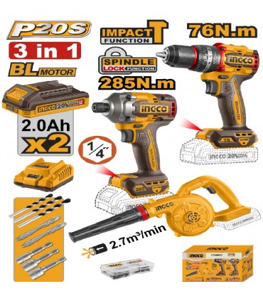 Ingco COSLI250182 2 x 20V Lithium-ion 2.0 Ah 3 Pieces Combo Set - Impact Drill + Impact Driver + Blower