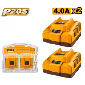 Ingco COSLI250388 20V Lithium-Ion 4.0 Ah Fast Charger Pack - 2 Pieces