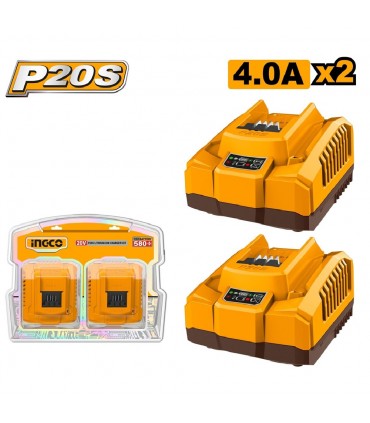 Ingco COSLI250388 20V Lithium-Ion 4.0 Ah Fast Charger Pack - 2 Pieces