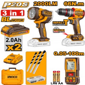 Ingco COSLI250885 2 x 20V Lithium-Ion 2.0Ah  3 in 1 Cordless Combo Set - Impact Drill + Lamp + Laser Distance