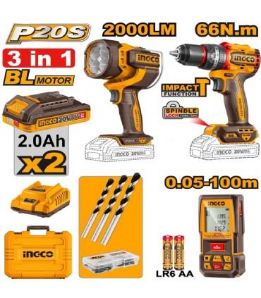 Ingco COSLI250885 2 x 20V Lithium-Ion 2.0Ah  3 in 1 Cordless Combo Set - Impact Drill + Lamp + Laser Distance