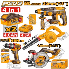 Ingco COSLI250695 2 x 20V Lithium-Ion 4-in-1 Cordless Combo Set - Impact Drill + Circular Saw + Rotary Hammer + Blower