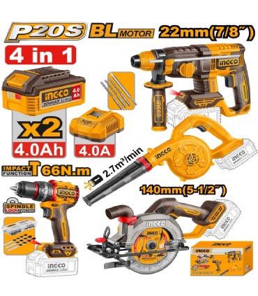 Ingco COSLI250695 2 x 20V Lithium-Ion 4-in-1 Cordless Combo Set - Impact Drill + Circular Saw + Rotary Hammer + Blower