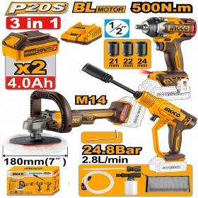 Ingco COSLI250184 2 x 20V Lithium-Ion 4.0 Ah 3-in-1 Cordless Combo Set - Polisher + Wrench + Pressure Washer