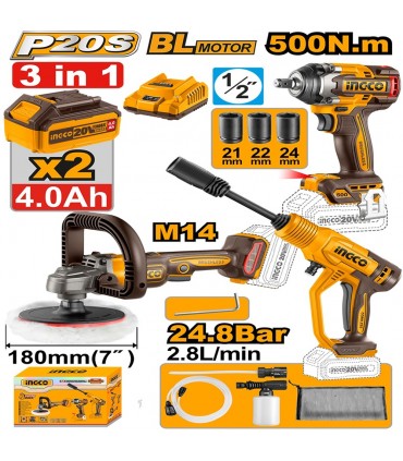Ingco COSLI250184 2 x 20V Lithium-Ion 4.0 Ah 3-in-1 Cordless Combo Set - Polisher + Wrench + Pressure Washer