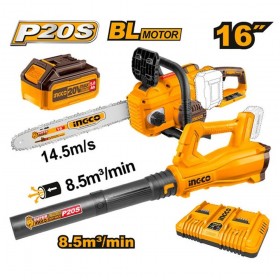 Ingco COSLI240463 20V + 20V 16" Chain Saw + 2 x 5.0 Ah Blower Combo Set