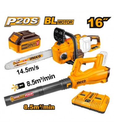 Ingco COSLI240463 20V + 20V 16" Chain Saw + 2 x 5.0 Ah Blower Combo Set