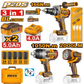 Ingco COSLI250882 2 x 20V Lithium-Ion 5.0 Ah 3-in-1 Cordless Combo Set - Impact Wrench + Impact Drill + Lum Lamp