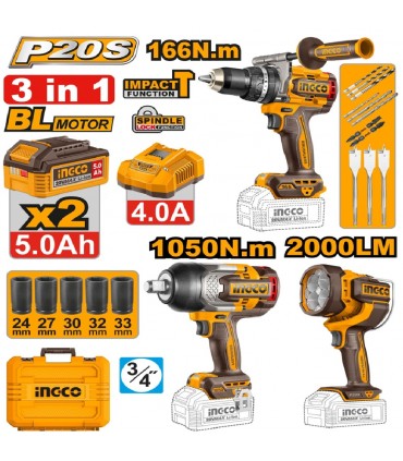 Ingco COSLI250882 2 x 20V Lithium-Ion 5.0 Ah 3-in-1 Cordless Combo Set - Impact Wrench + Impact Drill + Lum Lamp