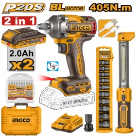 Ingco COSLI23056 20V Lithium-Ion 2-in1 Cordless Brushless Impact Wrench + Work Light Combo Set