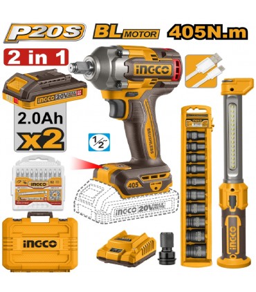 Ingco COSLI23056 20V Lithium-Ion 2-in1 Cordless Brushless Impact Wrench + Work Light Combo Set