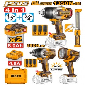 Ingco COSLI250782 20V Cordless 5.0 Ah 4-in-1 Cordless Combo Set - 1350 & 850 Nm Impact Wrench + 2 LED Lamps