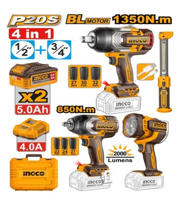 Ingco COSLI250782 20V Cordless 5.0 Ah 4-in-1 Cordless Combo Set - 1350 & 850 Nm Impact Wrench + 2 LED Lamps