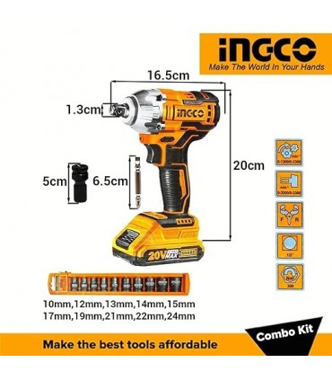 Ingco COSLI23011 20V 300Nm Brushless Cordless Impact Wrench + Worklight Combo Set