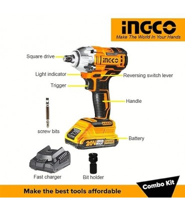 Ingco COSLI23011 20V 300Nm Brushless Cordless Impact Wrench + Worklight Combo Set