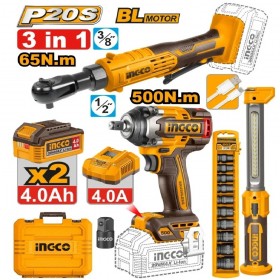 Ingco COSLI250981 2 x 20V Lithium-Ion 4.0 Ah 3-in-1 Cordless Combo Set - Impact  + Ratchet WR + Lamp