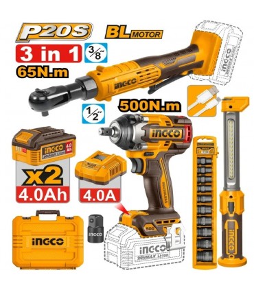 Ingco COSLI250981 2 x 20V Lithium-Ion 4.0 Ah 3-in-1 Cordless Combo Set - Impact  + Ratchet WR + Lamp